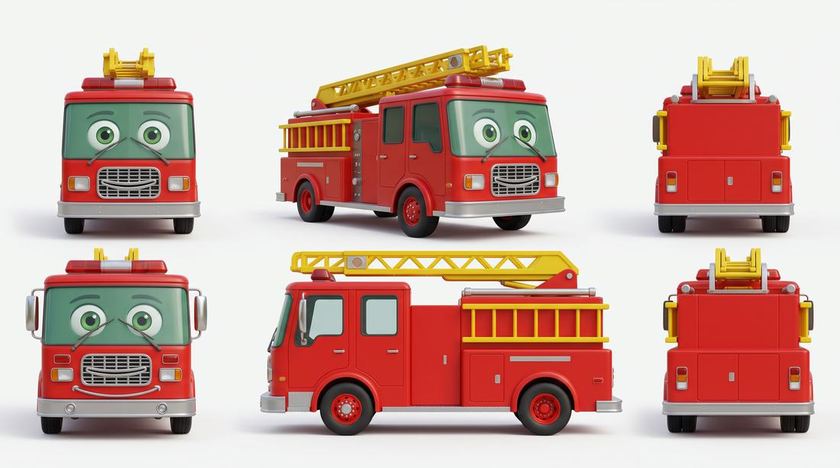 Cal the red fire engine seen from the front, side and back, with big friendly green windscreen eyes.