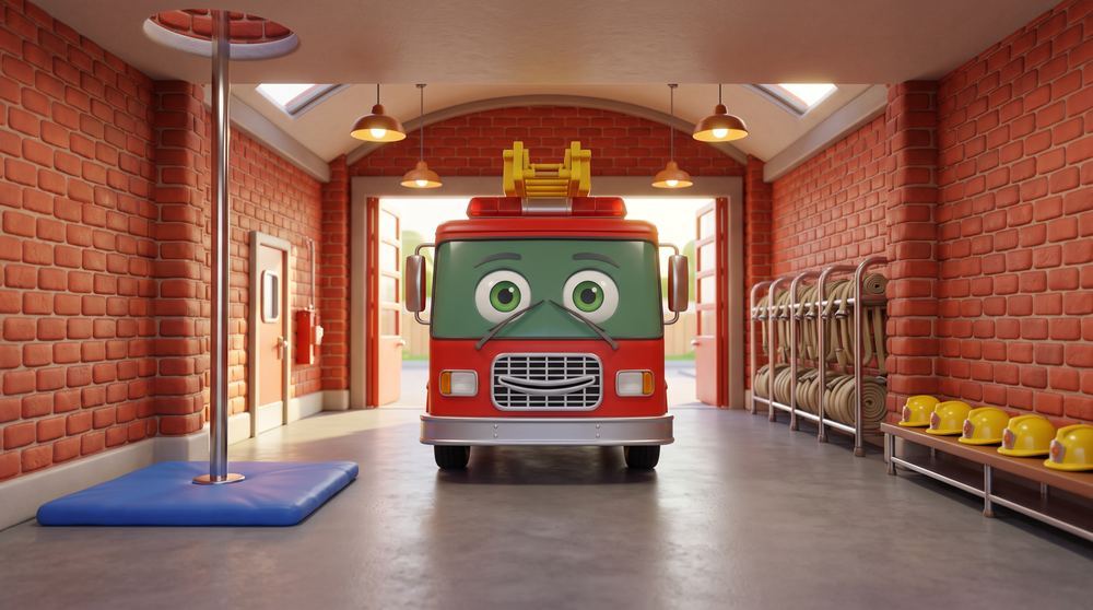 Inside the firehouse: Cal parked in the bay with the sliding pole, rolled hoses and a row of yellow helmets.